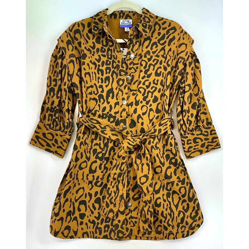 Future Collective Denim Syle Shirt Dress Sz 0 Leopard Print Statement Y2K Safari